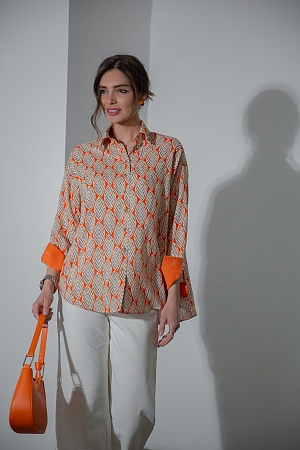 Газания, рубашка свободного кроя из вискозы с золотистой нитью с оранжевой отделкой