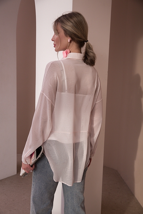 Аморита, блузка-рубашка из фактурного шифона цвета розовой зефирки, топ в комплекте 
