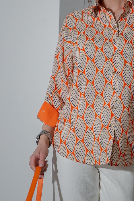 Газания, рубашка свободного кроя из вискозы с золотистой нитью с оранжевой отделкой