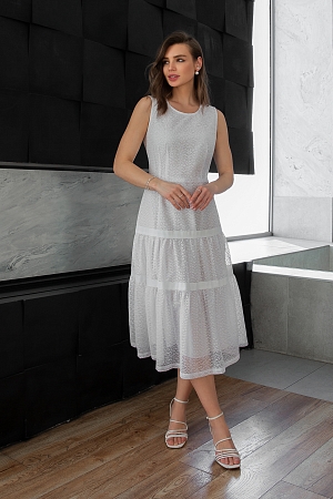 Милона, белое платье из гипюра с широкой юбкой с оборками и тесьмой