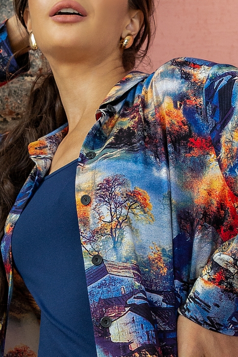Лесли. Длинная рубашка из вискозного штапеля с принтом абстрактных пейзажей МАЛО ОЧЕНЬ 